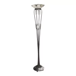 Lampadaire Art-déco avec piétement en fer forgé et socle en marbre noir et blanc