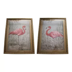 Pair of “Pink Flamingo” decorative paintings under glass with …