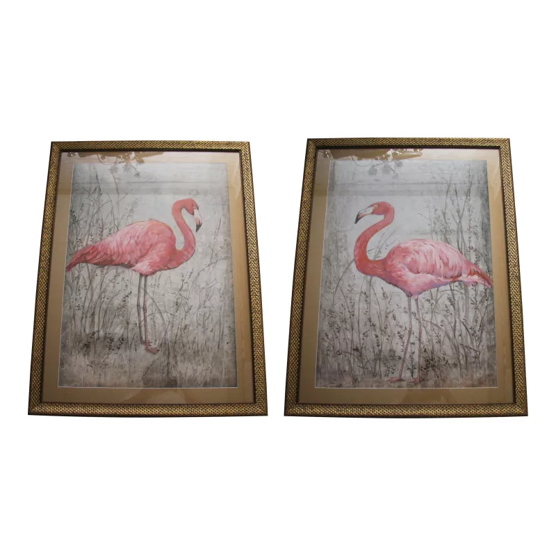 Pair of “Pink Flamingo” decorative paintings under glass with … - Moinat - Painting - Miscellaneous