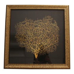 Tableau décoratif "Corail" en doré sur fond noir avec cadre en