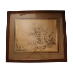 Engraving under glass “Classic landscape with goats and …