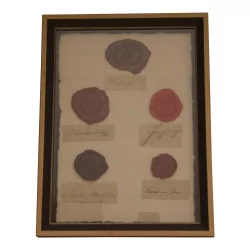 Satz von 6 Gemälden „Siegel“ mit vergoldetem Holzrahmen.