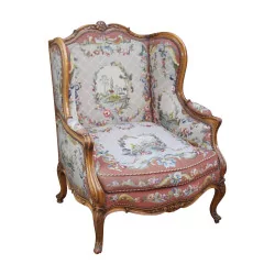 Bergere with ears Louis XV in molded carved walnut covered