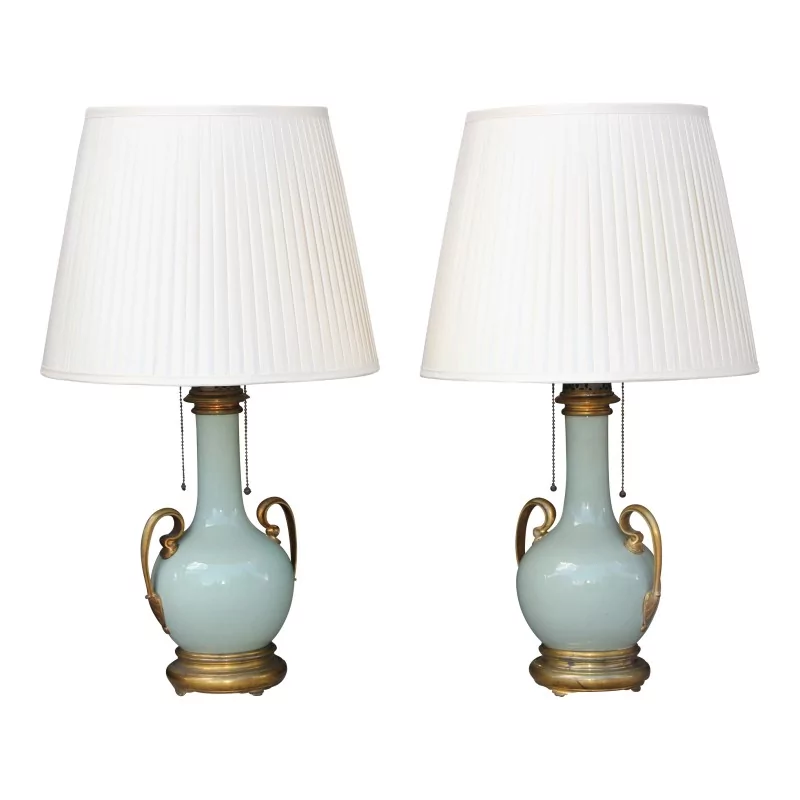 Pair of Empire vases, celadon green color mounted as lamps - Moinat - Table lamps
