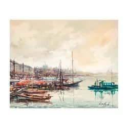 Tableau huile sur toile “Le port noir - Genève” signé en bas …