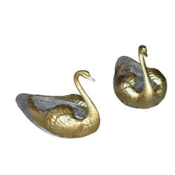Pair of decorative swans in glass and vermeil design by …