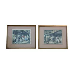 Pair of colored engravings under glass with baguette frame …