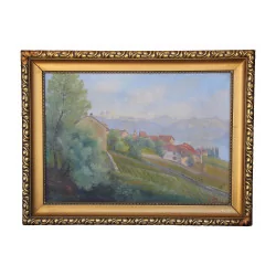 Tableau huile sur toile " Village de Lavaux" signé en bas à