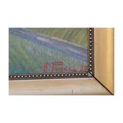 Tableau huile sur toile " Village de Lavaux" signé en bas à