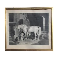 Gravure sous verre "Cheval blanc" avec cadre en bois