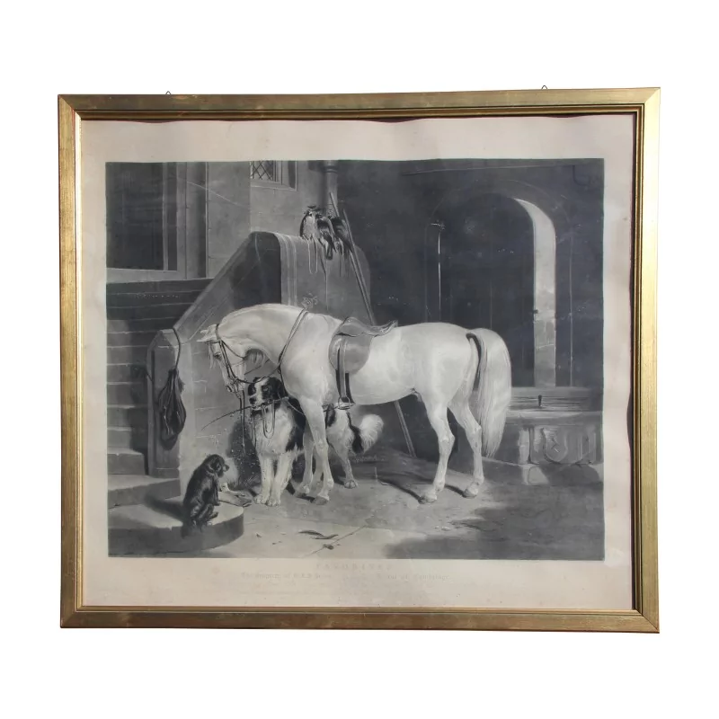 Gravure sous verre "Cheval blanc" avec cadre en bois - Moinat - Gravures