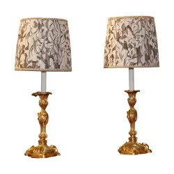 Pair of candlesticks, mounted as a lamp with bronze base...