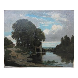 Tableau huile sur bois " Rivière et paysage avec Moulin" signé