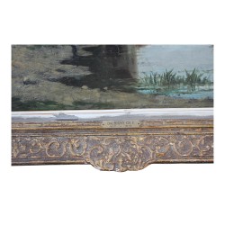 Tableau huile sur bois " Rivière et paysage avec Moulin" signé