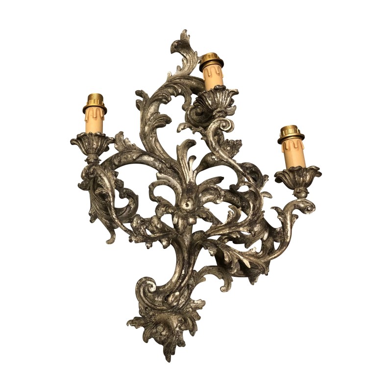 wooden wall light, 3 lights, with old silver patina. - Moinat - Wall lights, Sconces wooden wall light, 3 lights, with old silver patina. - Moinat - Wall lights, Sconces