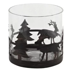 Teelichthalter aus Glas und schwarzem Metall mit Tannen- und Hirschdekor.