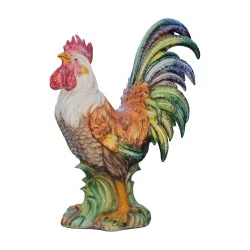 Rooster in Barbotine Earthenware, colored. France, 20th century