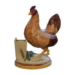 Hen with basket in Barbotine earthenware, colored. France,
