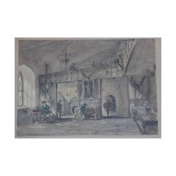 Aquarell unter Glas auf unsigniertem Papier \"Ritter am