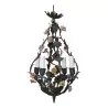 Lustre en tôle peinte et fleurs porcelaine, 4 lumières, - Moinat - Lustres, Plafonniers