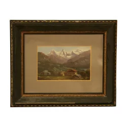 Table under glass “Mountain landscape” with wooden frame …