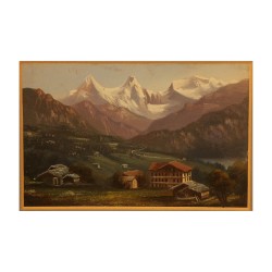 Glastisch „Berglandschaft“ mit Holzgestell …