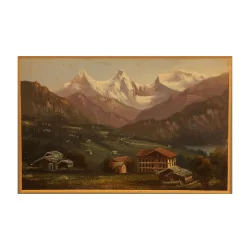 Table under glass “Mountain landscape” with wooden frame …