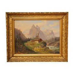 井手宣通　山湖　油彩画　真作 1 面板上的油画“山地景观”署名Doris  - MOINAT