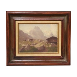Tableau huile sur toile "chalets" non signé mais inscription