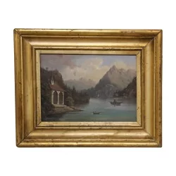 金属板上的油画“湖泊和教堂”，木框……