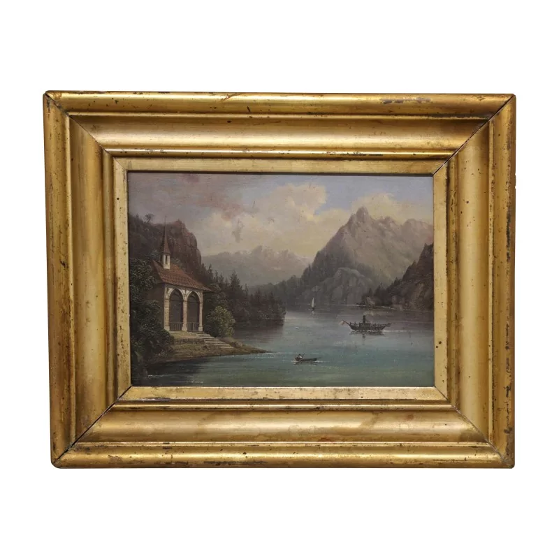 金属板上的油画“湖泊和教堂”，木框…… - Moinat - 画 - 景观