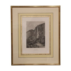 Hinterglasstich „Staubbach“ mit vergoldetem Holzrahmen 20. …