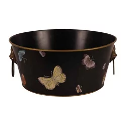 Cache-pot en tôle peinte noir décor papillons, bague et