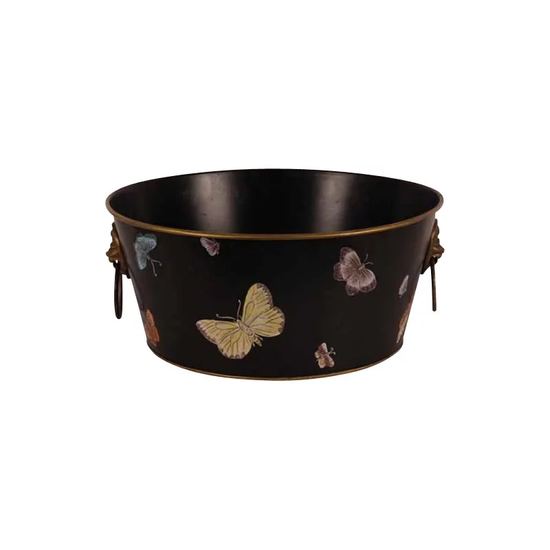 Pflanzgefäß aus schwarz lackiertem Blech, verziert mit Schmetterlingen, Ring und … - Moinat - Übertöpfe, Innenjardinieren