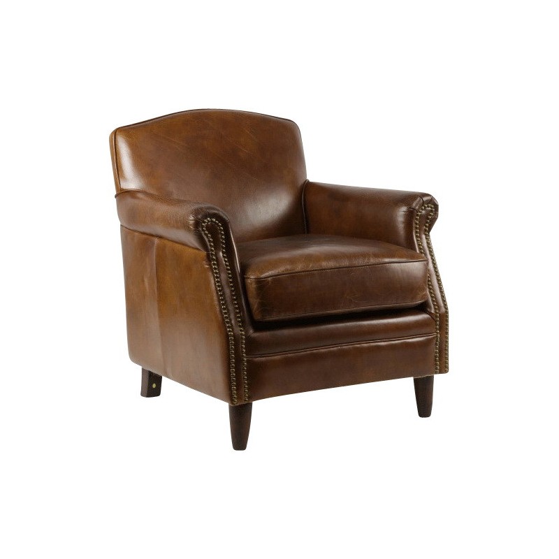 Fauteuil Normandie en cuir véritable coloris vintage Cigare … - Moinat - Fauteuils
