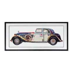 „altes Auto“-Gemälde mit Relief unter Glas in Papier und …
