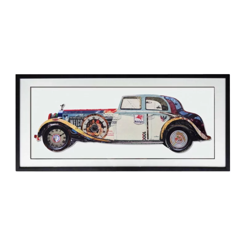 “old car” painting with relief under glass in paper and … - Moinat - Painting - Miscellaneous