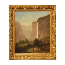 Tableau huile sur toile “Cascade” non signé avec cadre en bois …