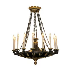 Large Empire chandelier, in gilded bronze and green patinated steel sheet