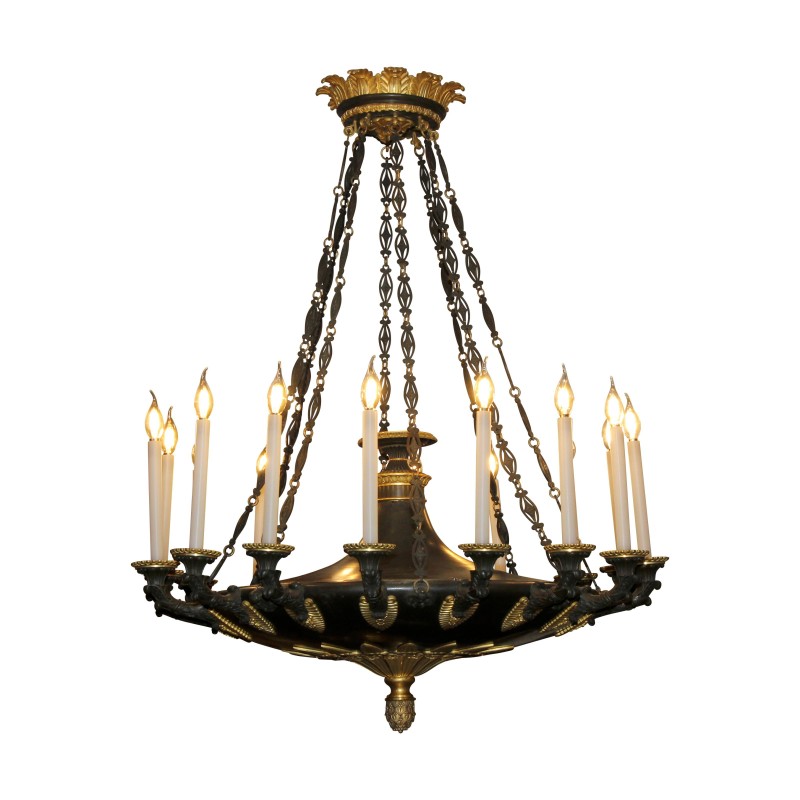 Grand lustre Empire, en bronze doré et tôle acier patiné vert - Moinat - Lustres, Plafonniers Grand lustre Empire, en bronze doré et tôle acier patiné vert - Moinat - Lustres, Plafonniers
