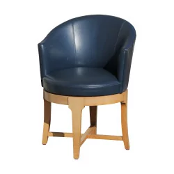 Bureau et son fauteuil en cuir bleu pivotant, de style Art -