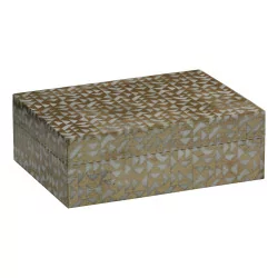 Box aus Knochen- und Kiefernholz mit goldener geometrischer Dekoration.