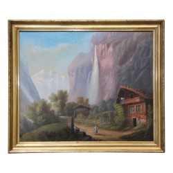 Gemälde, Öl auf Leinwand \"Mountain Chalet\", unsigniert, mit
