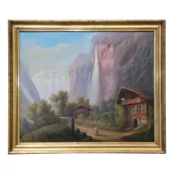 Painting, oil on canvas “Mountain chalet”, unsigned, with …