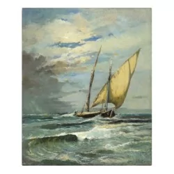 Oil painting on canvas “Le coup de Joran”, signed and dated and …