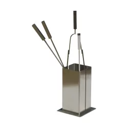 Set of stainless steel fireplace accessories, square model.