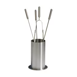 Set of stainless steel fireplace accessories, round model.