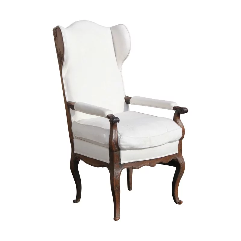 Bergère à oreilles en bois de noyer mouluré, couvert en tissu - Moinat - Fauteuils Bergère à oreilles en bois de noyer mouluré, couvert en tissu - Moinat - Fauteuils