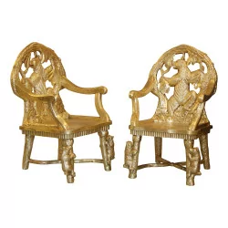 Pair of Brienz armchairs in wood entirely hand-carved …