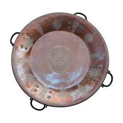 copper serving dish with 4 black iron handles, with …